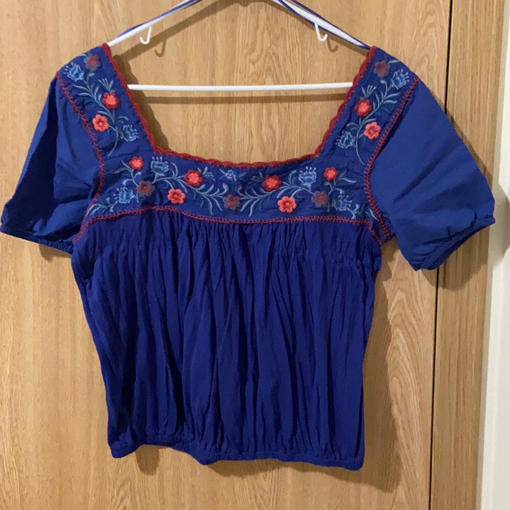 Lucky brand Embroidered boho cobalt blue top